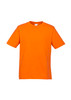 An orange short sleeve t-shirt featuring a round neckline and plain design. It has a branding logo.