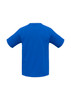 A blue short sleeve tee with a raglan style and a plain back. Features a logo.