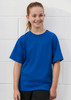 A blue short sleeve tee with a relaxed fit, featuring a logo, worn by a smiling child.