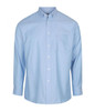 A light blue button-up shirt featuring long sleeves and a chest pocket, with a branded logo.