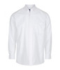 A white button-up shirt with long sleeves and a chest pocket, featuring a collar and a logo.