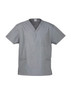 A grey unisex scrub top with a v-neck design and multiple pockets. It features a logo on the label.