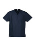 A classic unisex scrub top in navy blue featuring a pocket and side slits, designed for comfort and functionality.