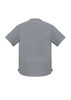 A grey unisex scrub top with short sleeves and a straight cut, featuring side slits and a logo.