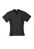 A black women's scrub top featuring a V-neck design and short sleeves with two front pockets. It includes a logo.