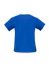 A blue women's scrub top featuring a contrast neckline and short sleeves, with a logo on the fabric.