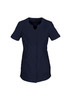 A navy blue women's tunic with short sleeves and side pockets, featuring a rounded neckline and a minimalist design.