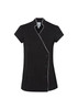 A black crossover tunic with short sleeves and white piping, featuring a button closure and logo.