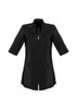 A black women's tunic featuring a zip front, three-quarter sleeves, and two front pockets.