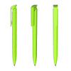 A high-gloss green plastic pen with a clip, displayed from three different angles.