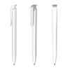 Three white plastic pens featuring a soft touch finish and high gloss accents, each with a clip.
