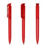 A set of three transparent red plastic pens, displaying different angles and a clip design.