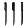 A transparent black plastic pen with a smooth finish and a clip, displayed from three angles.