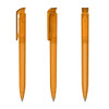 An orange transparent plastic pen with a clip, shown from multiple angles. It features a simple design and a logo.
