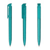 A set of three transparent teal plastic pens with a clip design. Each pen has a distinctive shape and finish.