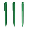 Three transparent green plastic pens with a sleek design and clip feature. Each pen is displayed from different angles.