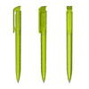 A set of three transparent green plastic pens with a sleek design and clip feature. Each pen has a shiny finish.