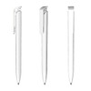 A collection of three sleek white plastic pens with a clip and a minimalist design, featuring a logo.
