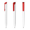 A plastic pen with a white body and a red clip. The pen is displayed from three angles.