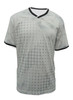 A light grey sports jersey featuring a patterned design and a black V-neck collar, with a logo on the chest.