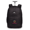 A black wheeled backpack with dual zippered compartments, adjustable straps, and a retractable handle.