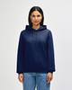 A navy blue adult hooded sweatshirt with a front pocket and drawstring hood, worn by a model.
