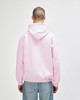 A pink hooded sweatshirt with a back view, featuring a kangaroo pocket and a logo.