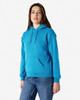 A turquoise hooded sweatshirt with a front pocket and an adjustable drawstring hood. Features a logo.