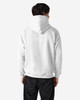 A white Gildan Heavy Blend adult hooded sweatshirt viewed from the back, featuring a hood and a plain design.