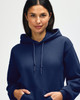 A navy blue hooded sweatshirt features a woman with long hair, showcasing the garment's hood and neckline.