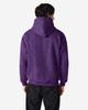 A back view of a purple hooded sweatshirt with a kangaroo pocket and a hood, featuring a branding logo.