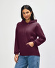 A maroon hooded sweatshirt with a front pocket and a drawstring hood. It features a branding logo.
