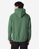 A green Gildan Heavy Blend adult hooded sweatshirt, featuring a hood and a plain back design.