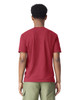 A red adult heavyweight T-shirt viewed from the back, paired with olive green shorts. The shirt has a logo on the back.