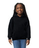 A black hooded sweatshirt for youth, featuring a front pocket and a hood, worn by a smiling girl.