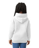 A white hooded sweatshirt for youth featuring a large hood and a casual fit, presented from the back.