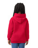A red hooded sweatshirt for youth, featuring a back view with a spacious hood and long sleeves.