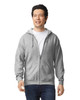 A grey full zip hooded sweatshirt worn by a man, featuring a front zipper and drawstring hood. It has a logo.