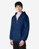 A navy blue full zip hooded sweatshirt with a front zipper and a hood, displayed on a model.