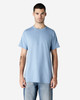 A light blue adult T-shirt on a male model, featuring short sleeves and a round neckline. It has a logo on it.