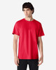 A red Gildan Ultra Cotton adult T-shirt displayed on a model. The shirt has a simple design and round neckline.