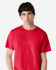 A red Gildan Ultra Cotton adult t-shirt displayed on a model, featuring a simple design and no visible logos.