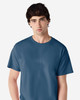 A blue Gildan Ultra Cotton adult T-shirt displayed on a male model, featuring a plain design and logo.