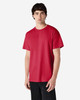 A red Gildan Ultra Cotton adult T-shirt displayed on a model, featuring a simple design and short sleeves.