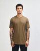 A unisex short sleeve t-shirt in a muted brown colour, featuring a simple design and a logo.