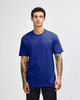 A plain blue unisex short sleeve t-shirt with a relaxed fit and a logo on the front.