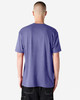 A unisex short sleeve T-shirt in purple, shown from the back, featuring a label on the neckline.