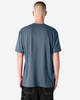 A unisex short sleeve T-shirt in a blue hue, featuring a simple design and a brand logo.