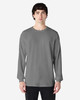 A grey long sleeve T-shirt featuring a round neck and a brand logo on the label.