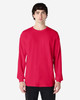 A red long sleeve T-shirt on a model standing against a plain background. The shirt features a logo.